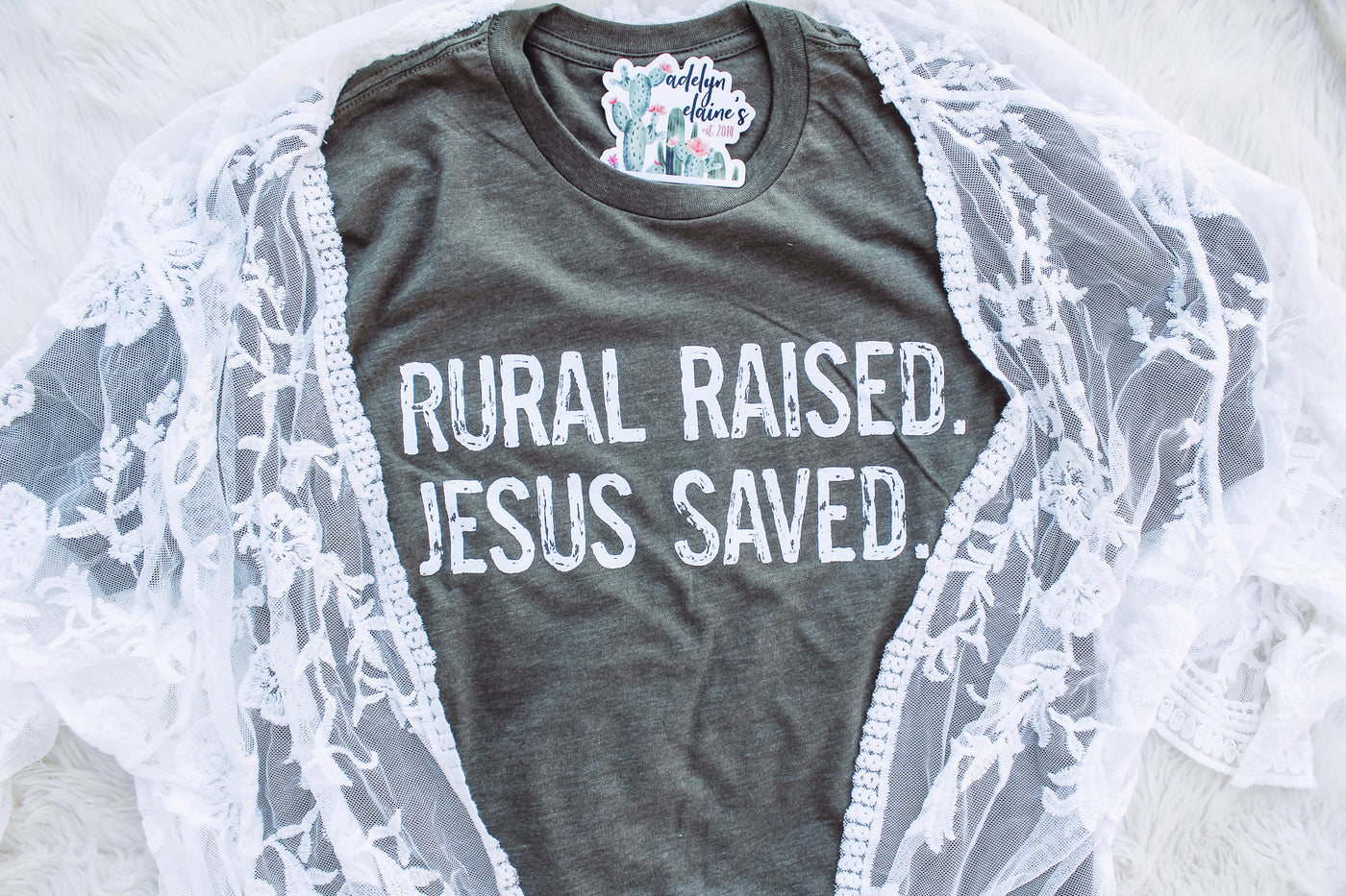 Rural Raised. Jesus Saved. - Graphic Top-110 GRAPHIC TEE-Adelyn Elaine's-Adelyn Elaine's Boutique, Women's Clothing Boutique in Gilmer, TX