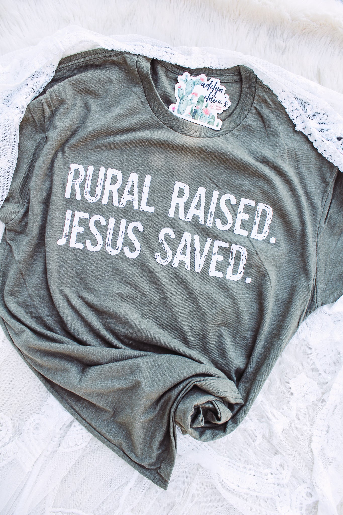 Rural Raised. Jesus Saved. - Graphic Top-110 GRAPHIC TEE-Adelyn Elaine's-Adelyn Elaine's Boutique, Women's Clothing Boutique in Gilmer, TX