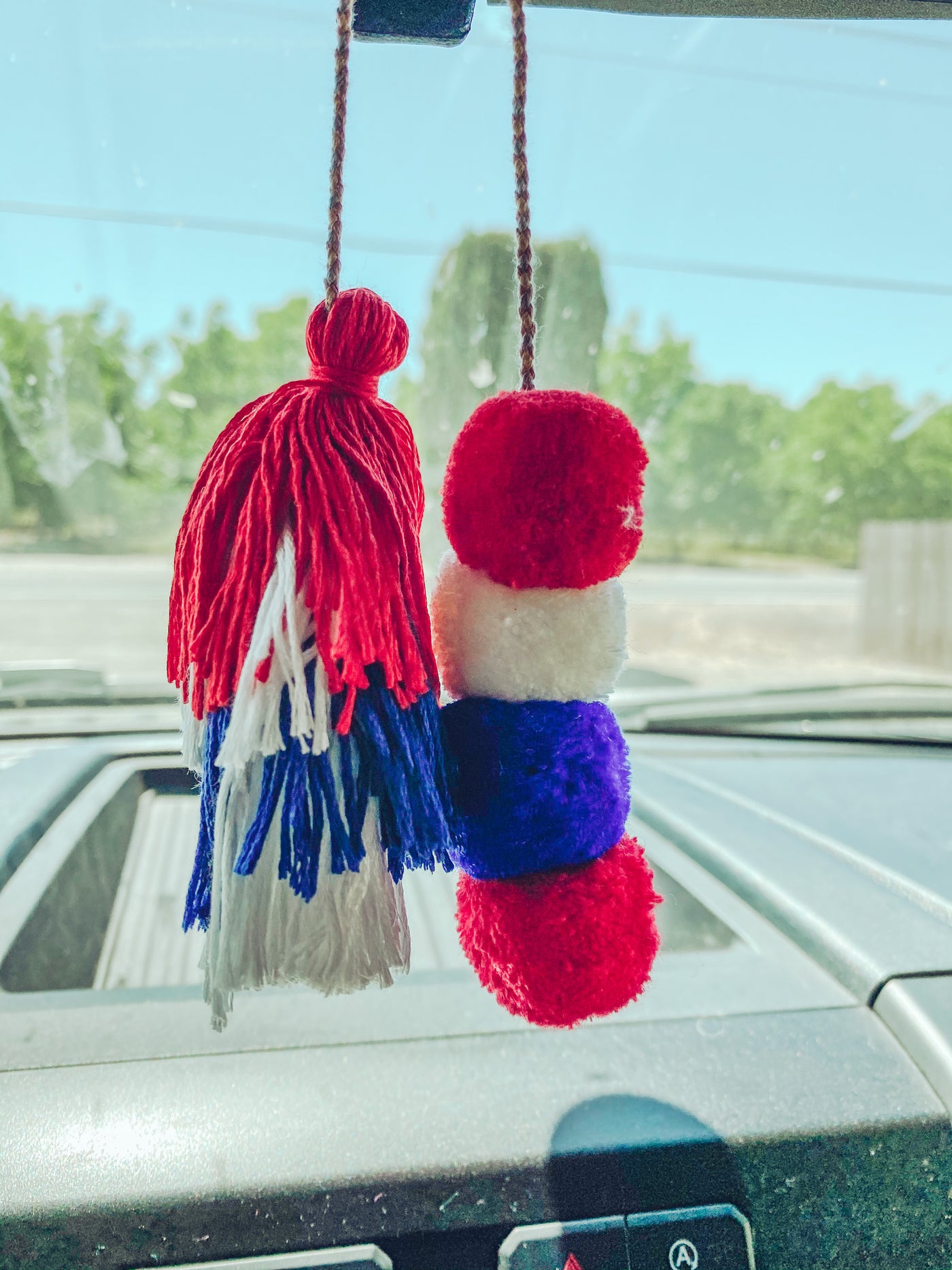 Red White & Blue Pom & Tassel - Rearview Mirror Hanger-401 CAR ACCESSORIES-Adelyn Elaine's-Adelyn Elaine's Boutique, Women's Clothing Boutique in Gilmer, TX