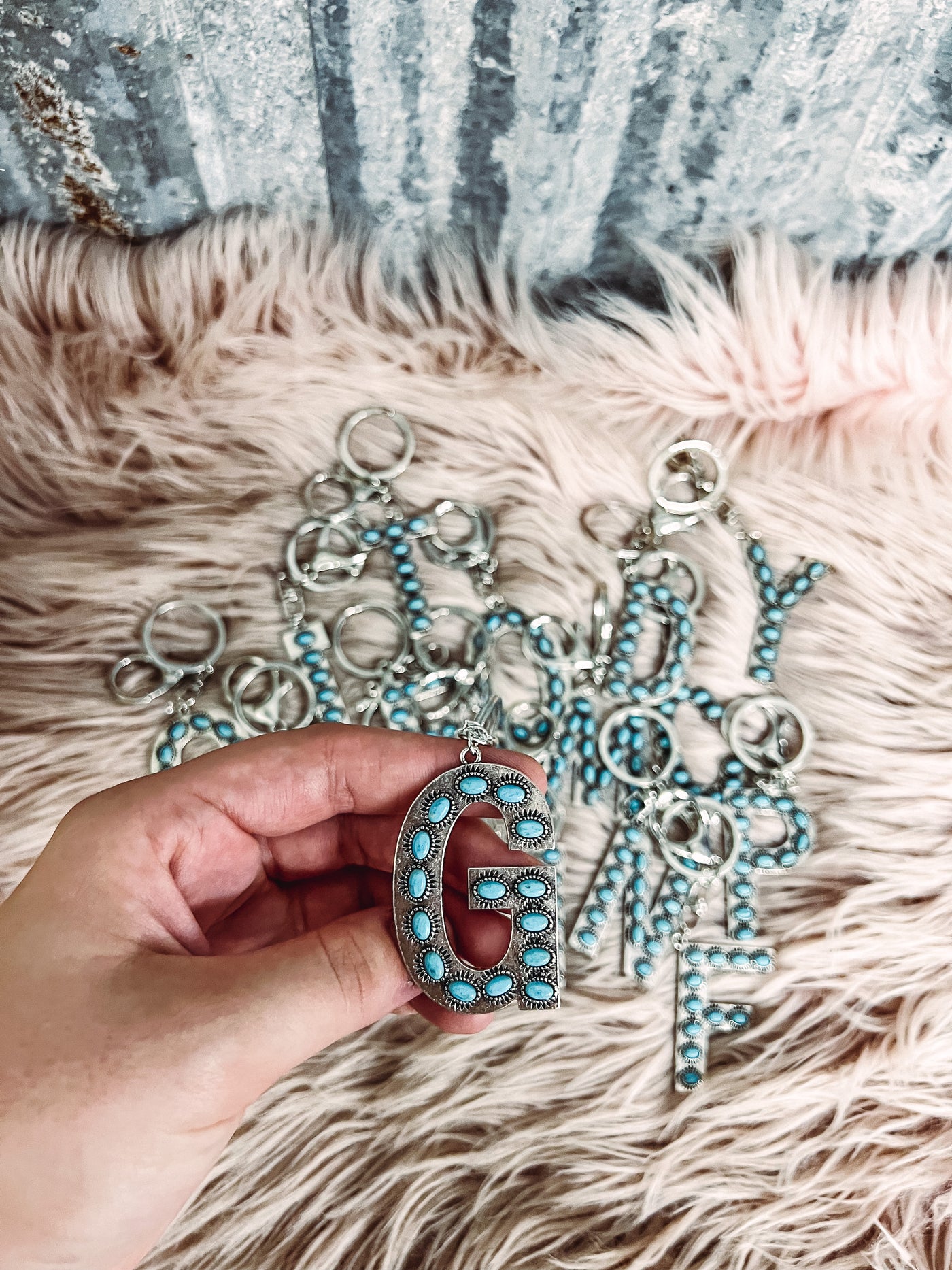 Turquoise Initial Keychain - Q left-401 CAR ACCESSORIES-Babe wholesale-Adelyn Elaine's Boutique, Women's Clothing Boutique in Gilmer, TX