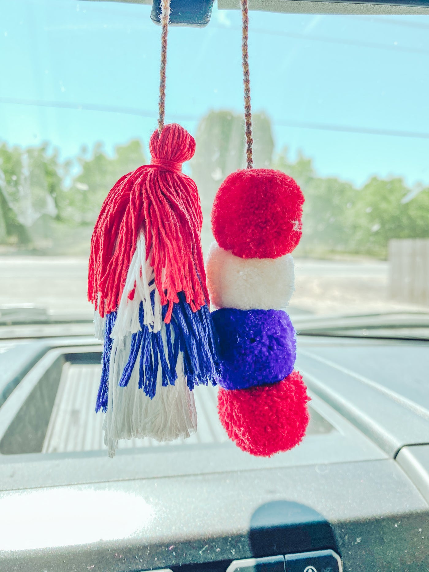 Red White & Blue Pom & Tassel - Rearview Mirror Hanger-401 CAR ACCESSORIES-Adelyn Elaine's-Adelyn Elaine's Boutique, Women's Clothing Boutique in Gilmer, TX